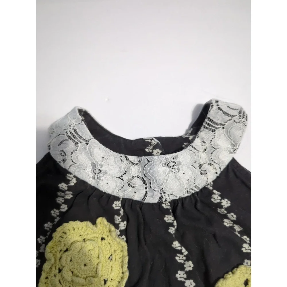 Jelly The Pug Sunburst Stripe Crochet Flower Black Sleeveless Dress Sz 3T Boho